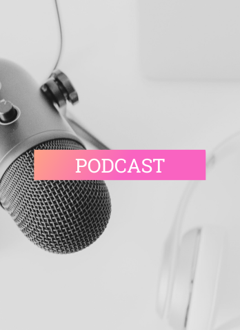 "Podcast" text with black and white photo of microphone